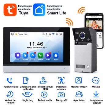 Kit videointercom video IP pentru apartamentul Tuya Smart WiFi, cu un buton de apel și unitate exterioară reotporta la a